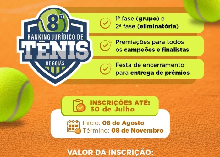 Inscrições abertas para o 8º Ranking Jurídico de Tênis da OAB-GO: esporte e integração na advocacia goiana
